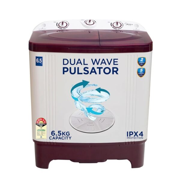 Midea 7.5 kg 5 star Semi Automatic Top Loading Washing Machine, Maroon, Rust proof Body, Air Dry Function (MWMSA075PPG(MW), Rat Away Feature)